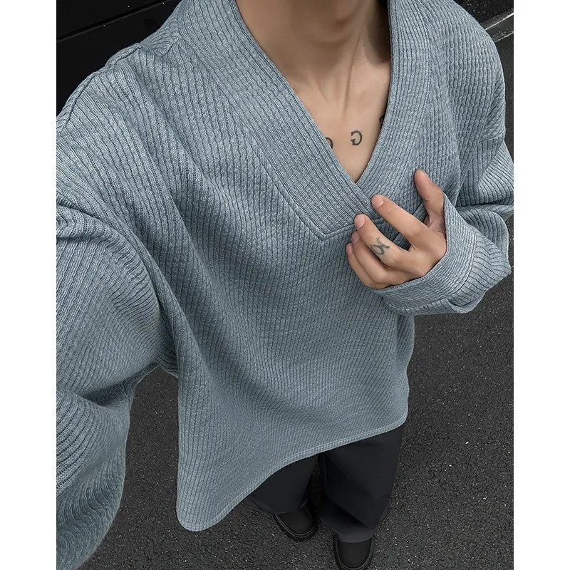 Herren Oversize-Feinstrickpullover mit tiefem V-Ausschnitt und Rippenstruktur Nord Taschen