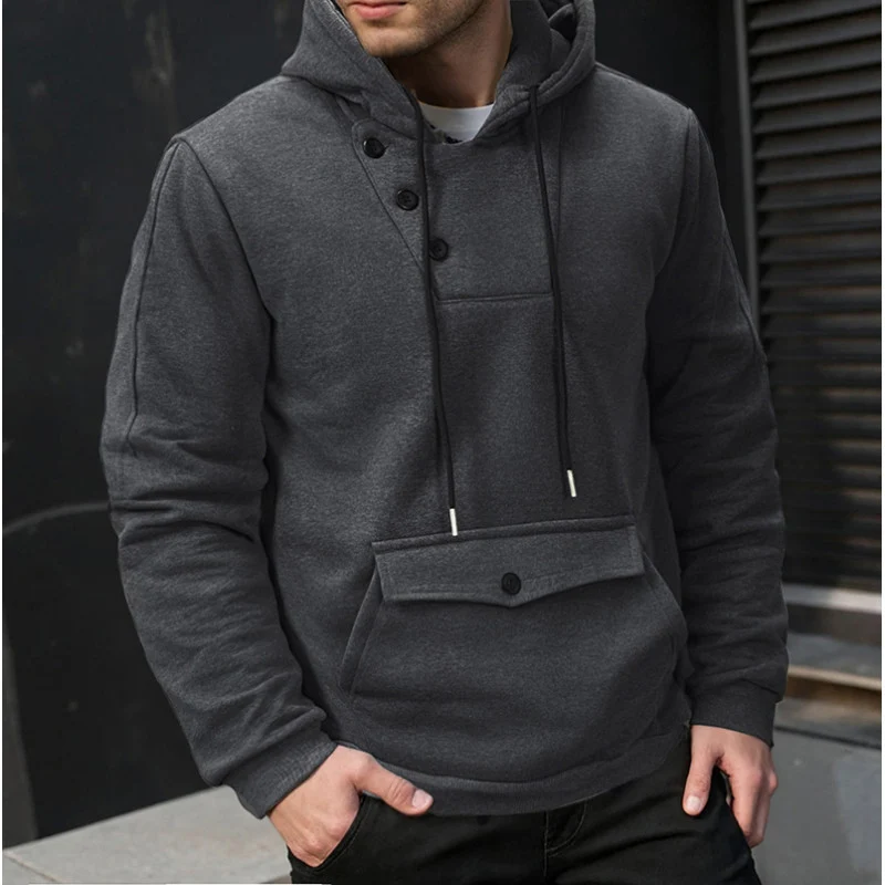 Herren Oversize Baumwoll-Fleece Kapuzenpullover mit asymmetrischer Knopfleiste und aufgesetzter Kängurutasche Nord Taschen