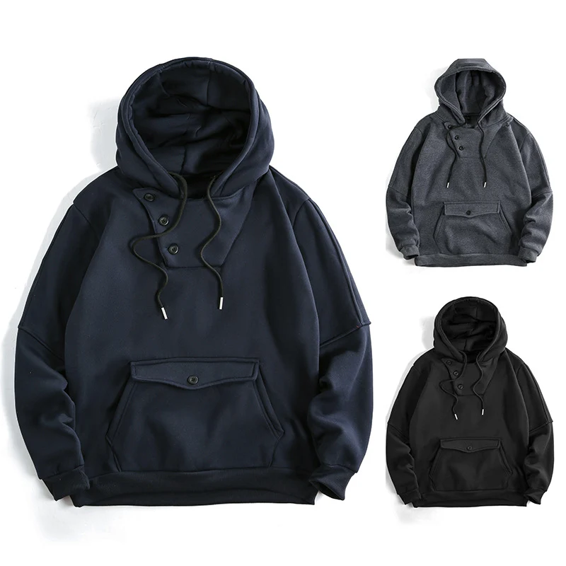 Herren Oversize Baumwoll-Fleece Kapuzenpullover mit asymmetrischer Knopfleiste und aufgesetzter Kängurutasche Nord Taschen