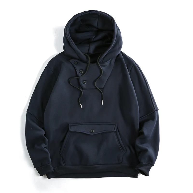 Herren Oversize Baumwoll-Fleece Kapuzenpullover mit asymmetrischer Knopfleiste und aufgesetzter Kängurutasche Nord Taschen