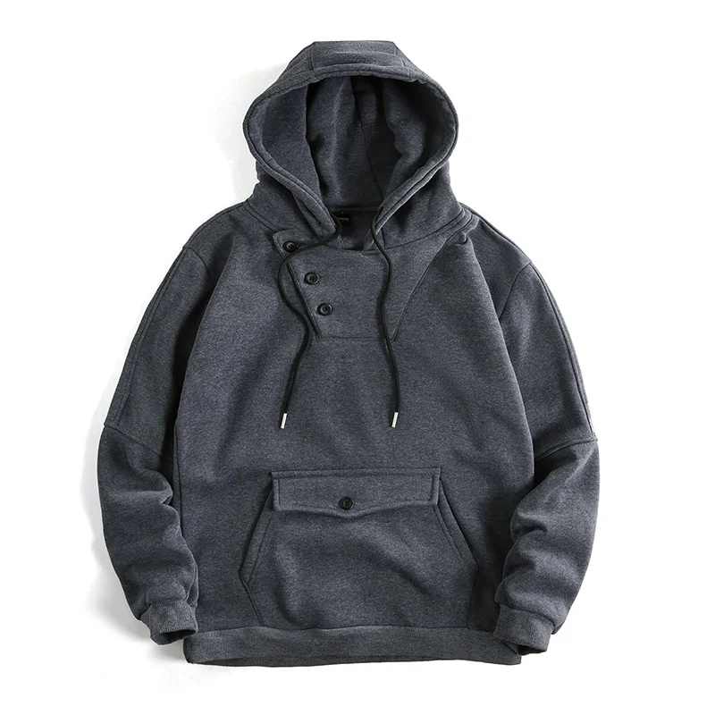 Herren Oversize Baumwoll-Fleece Kapuzenpullover mit asymmetrischer Knopfleiste und aufgesetzter Kängurutasche Nord Taschen