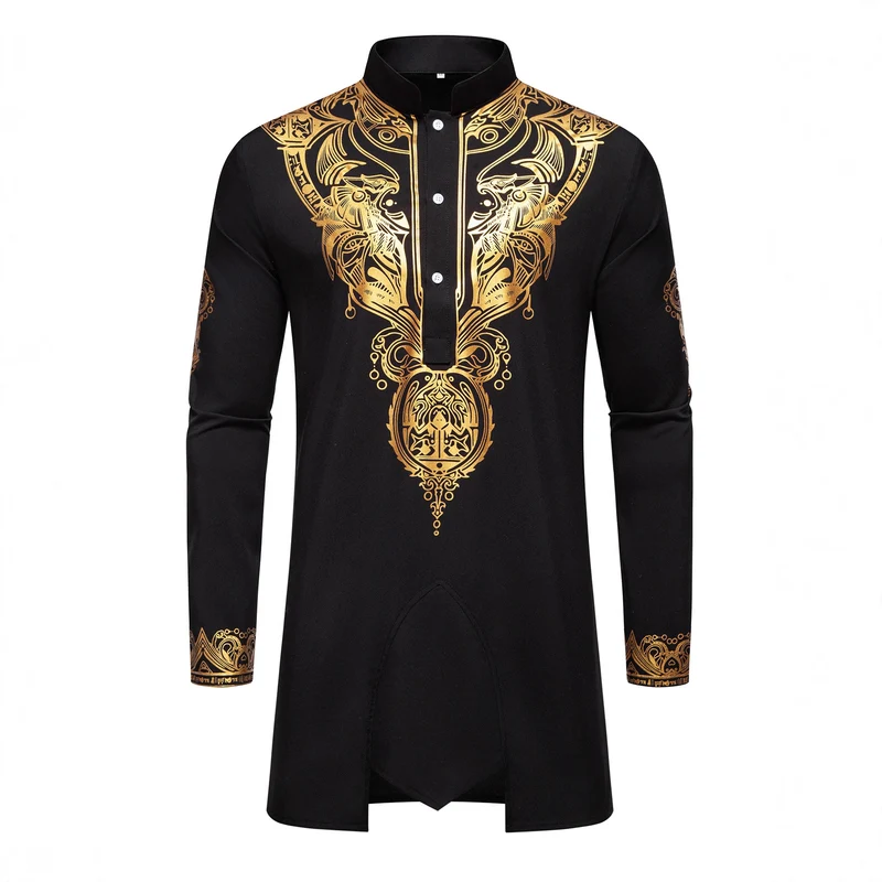Herren Ornamentales Tunika-Set mit Stehkragen, Halbknopfleiste und goldverziertem Print Nord Taschen