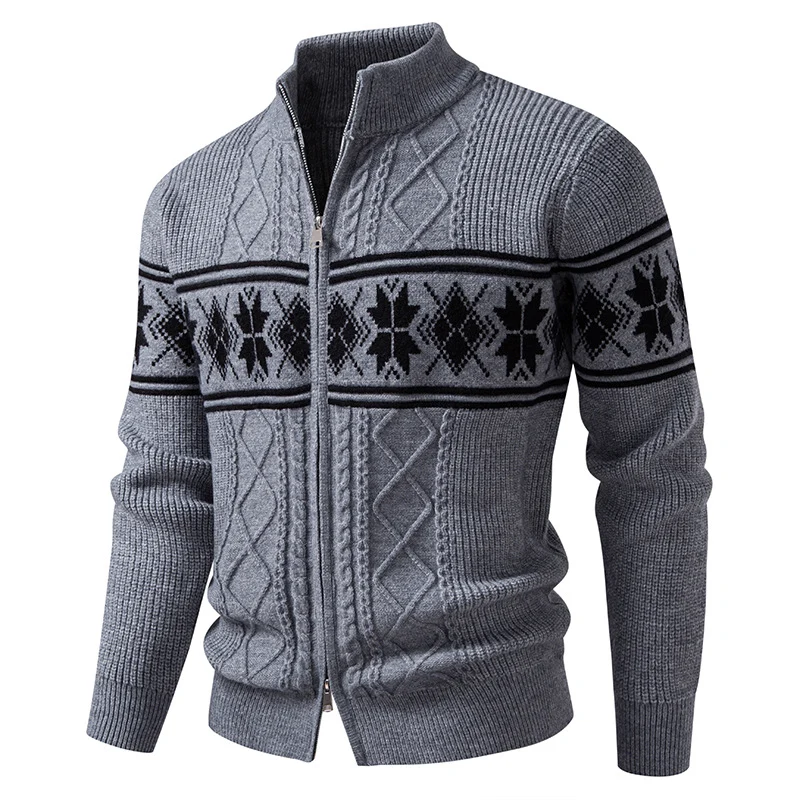 Herren Norwegermuster-Strickjacke mit Stehkragen und Reißverschluss Nord Taschen