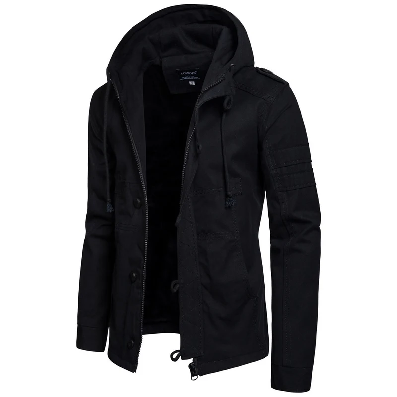 Herren Militärisch inspirierte Kapuzenjacke aus Canvas mit Tunnelzug Mehrfachtaschen und Epauletten Nord Taschen