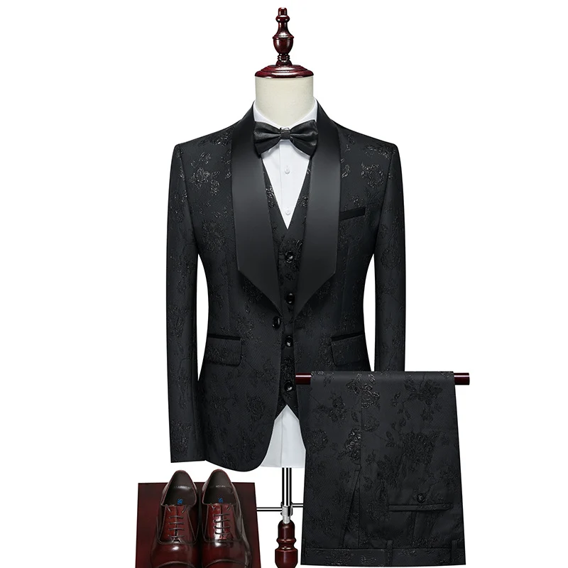Herren Luxuriöses dreiteiliges Smoking-Set mit Schalrevers und Blumen-Jacquard Nord Taschen
