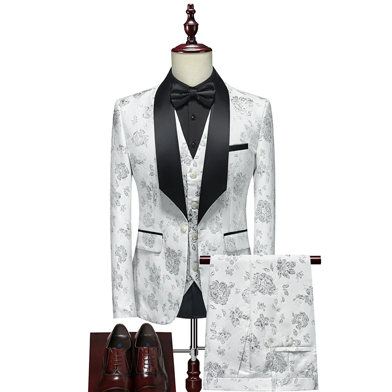 Herren Luxuriöses dreiteiliges Smoking-Set mit Schalrevers und Blumen-Jacquard Nord Taschen