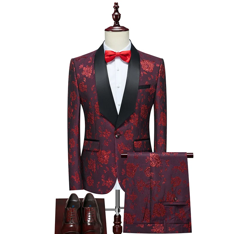 Herren Luxuriöses dreiteiliges Smoking-Set mit Schalrevers und Blumen-Jacquard Nord Taschen