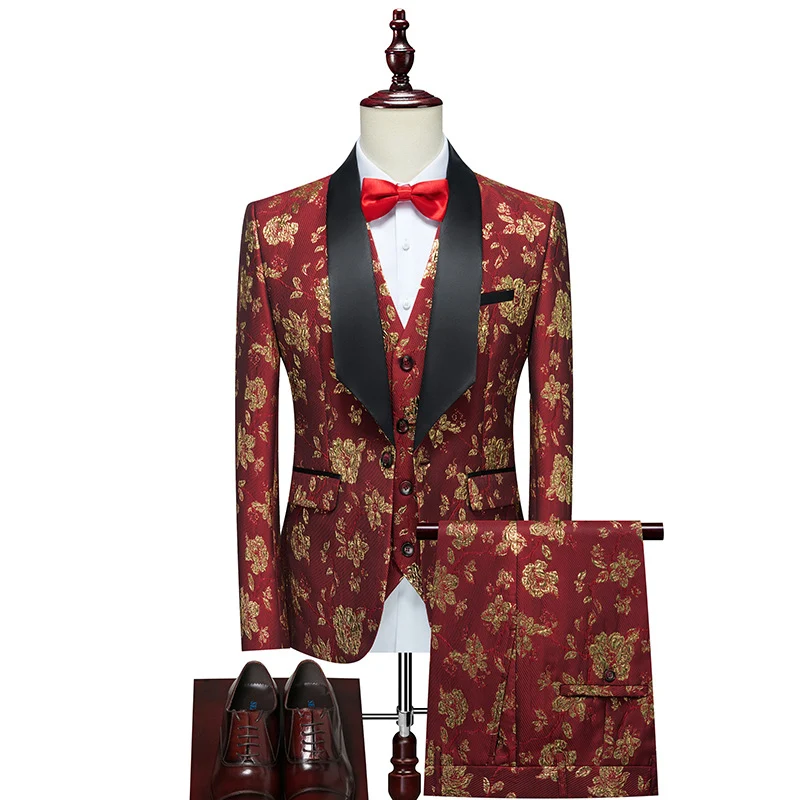 Herren Luxuriöses dreiteiliges Smoking-Set mit Schalrevers und Blumen-Jacquard Nord Taschen