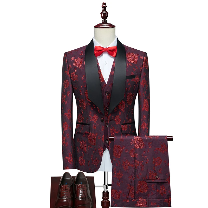 Herren Luxuriöses dreiteiliges Smoking-Set mit Schalrevers und Blumen-Jacquard Nord Taschen