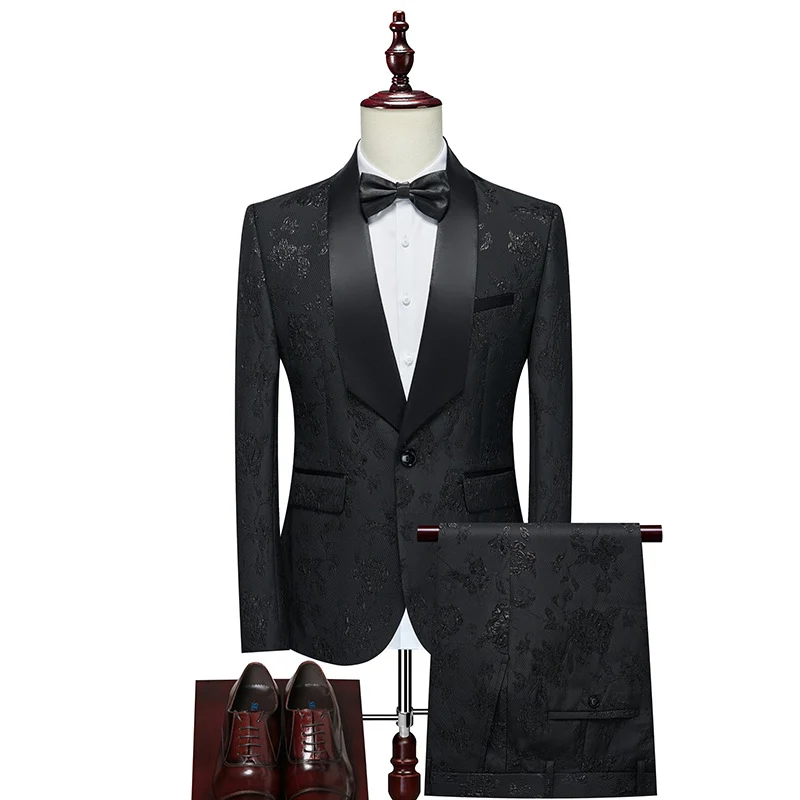 Herren Luxuriöses dreiteiliges Smoking-Set mit Schalrevers und Blumen-Jacquard Nord Taschen