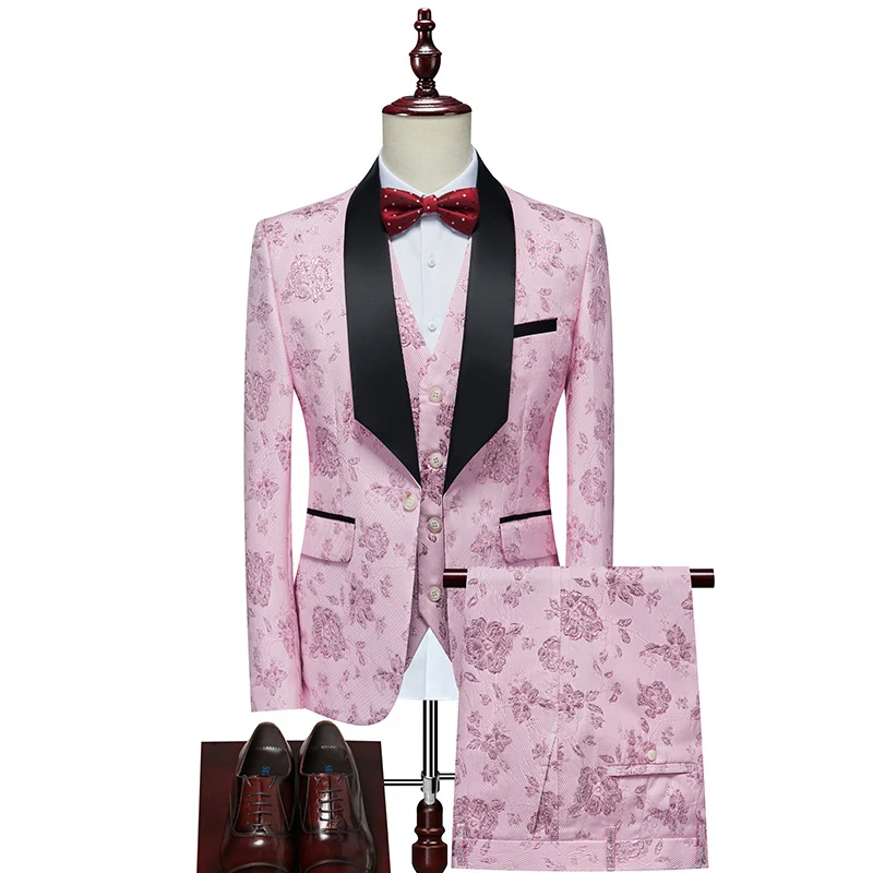 Herren Luxuriöses dreiteiliges Smoking-Set mit Schalrevers und Blumen-Jacquard Nord Taschen