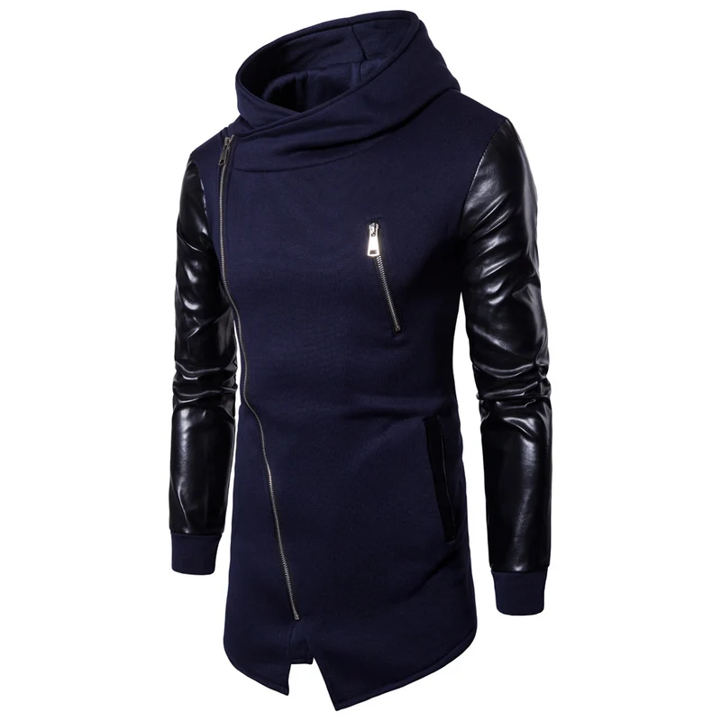Herren Longline Kapuzen‑Sweatshirt mit asymmetrischem Reißverschluss und Kunstlederärmeln Nord Taschen