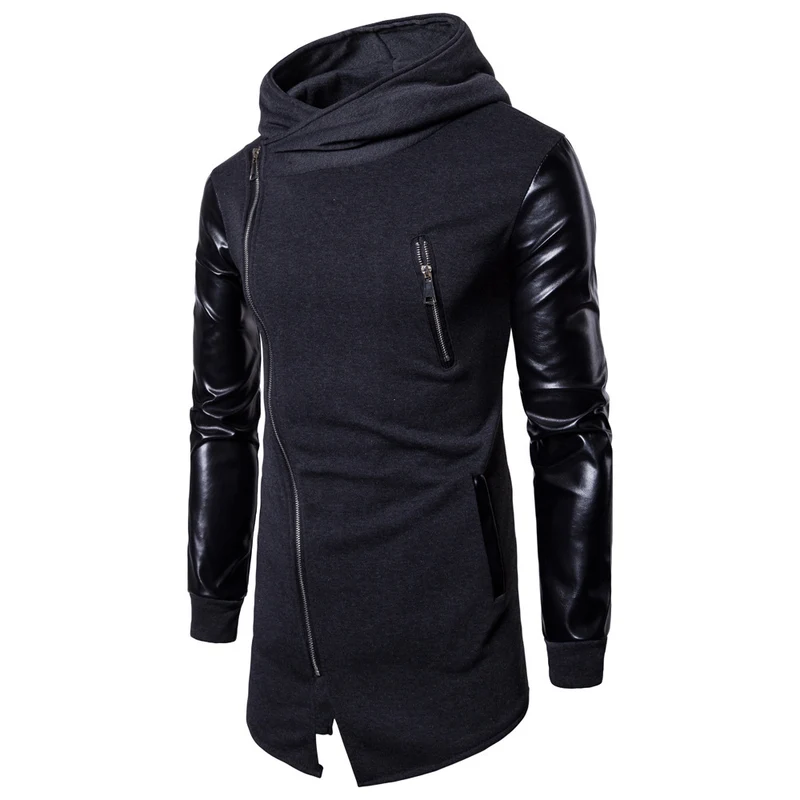 Herren Longline Kapuzen‑Sweatshirt mit asymmetrischem Reißverschluss und Kunstlederärmeln Nord Taschen