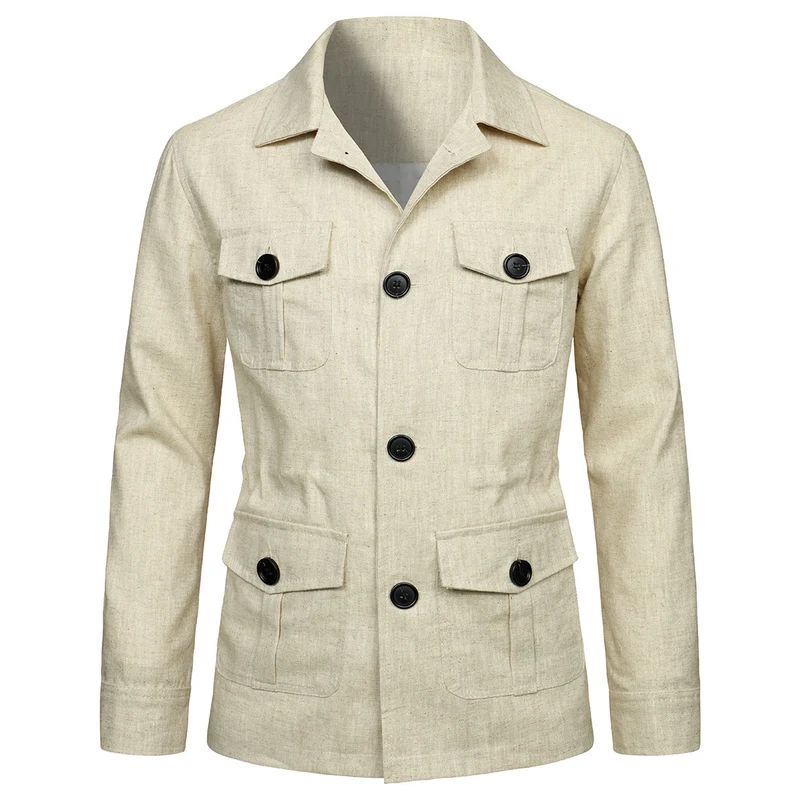 Herren Leinen-Mix Feldjacke mit Pattentaschen und taillierter Passform Nord Taschen