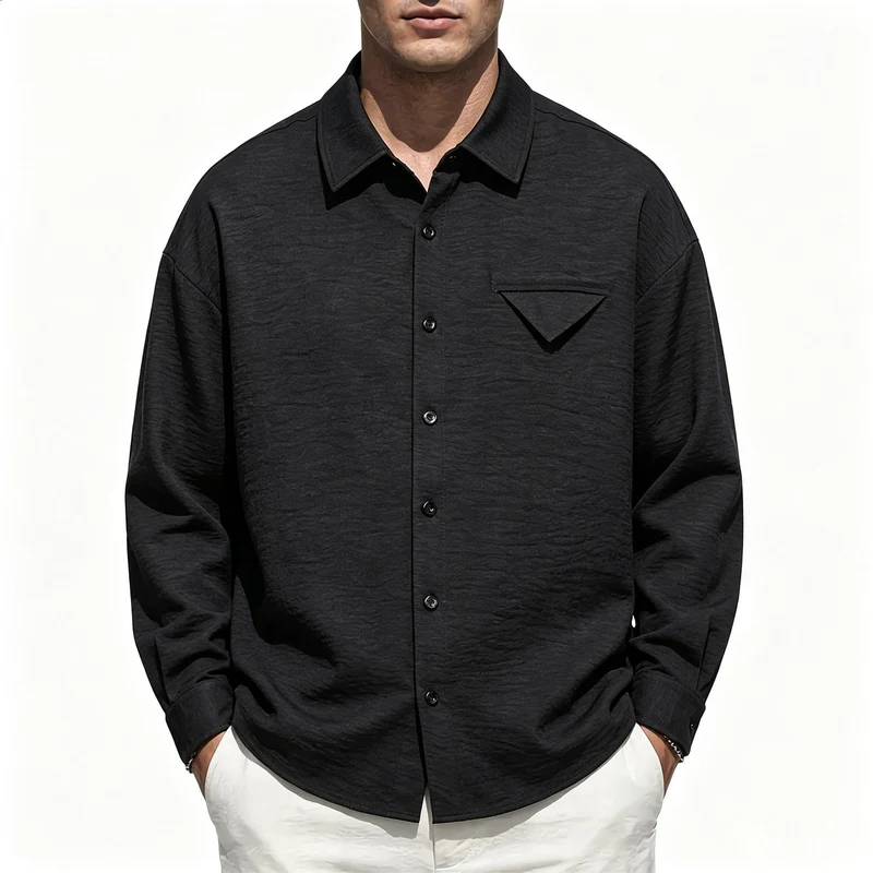 Herren Leichtes Texturiertes Overshirt mit Hemdkragen und Brustklappen-Tasche Nord Taschen