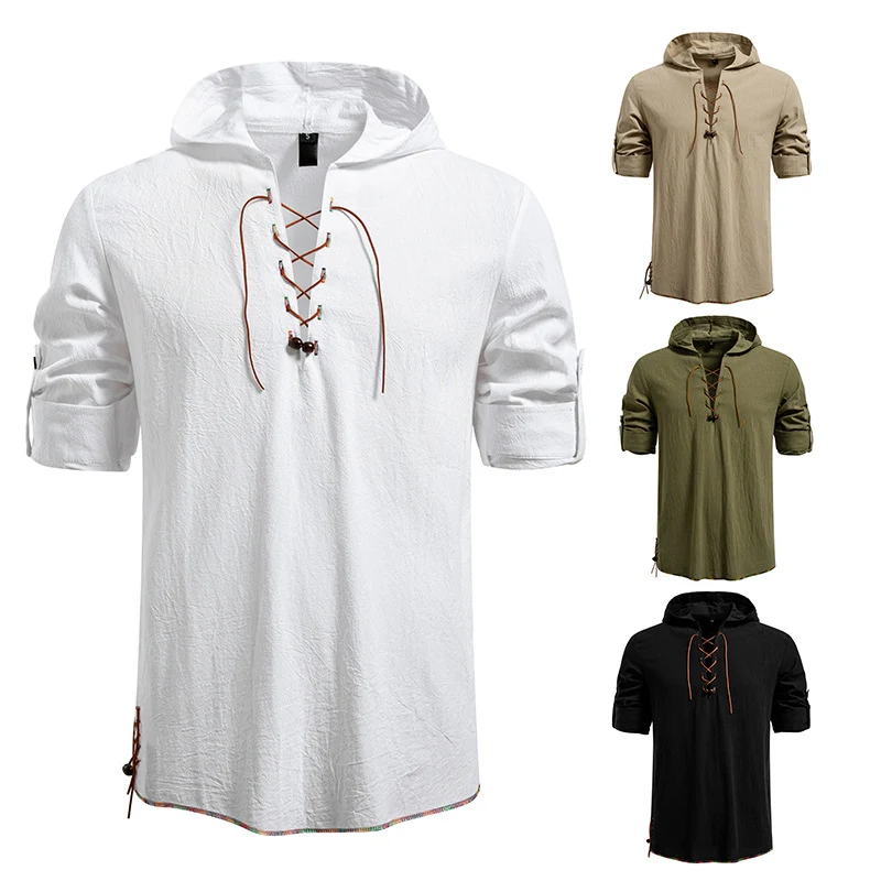Herren Leichtes Kapuzen-Shirt mit dekorativer Schnürung, Kurzarm und Longline-Schnitt Nord Taschen