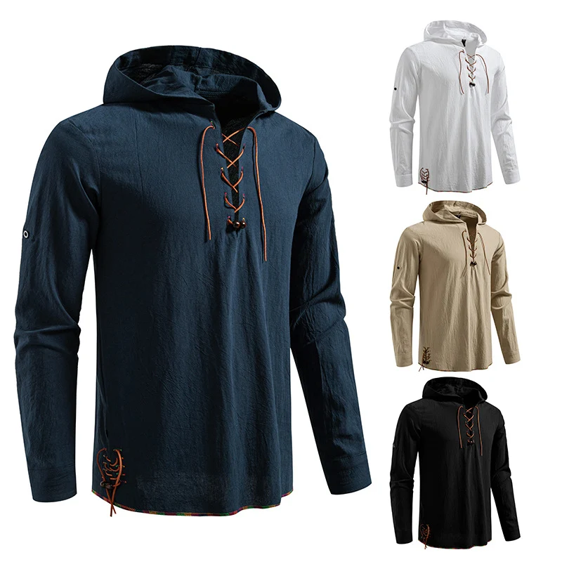 Herren Leichtes Kapuzen-Shirt mit dekorativer Schnürung, Kurzarm und Longline-Schnitt Nord Taschen