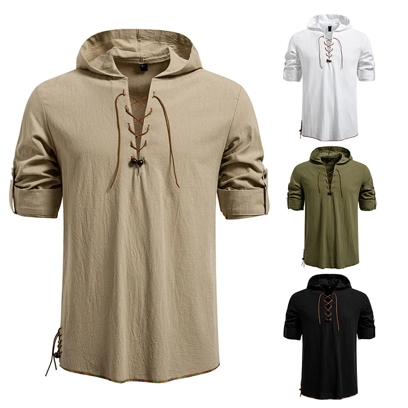 Herren Leichtes Kapuzen-Shirt mit dekorativer Schnürung, Kurzarm und Longline-Schnitt Nord Taschen