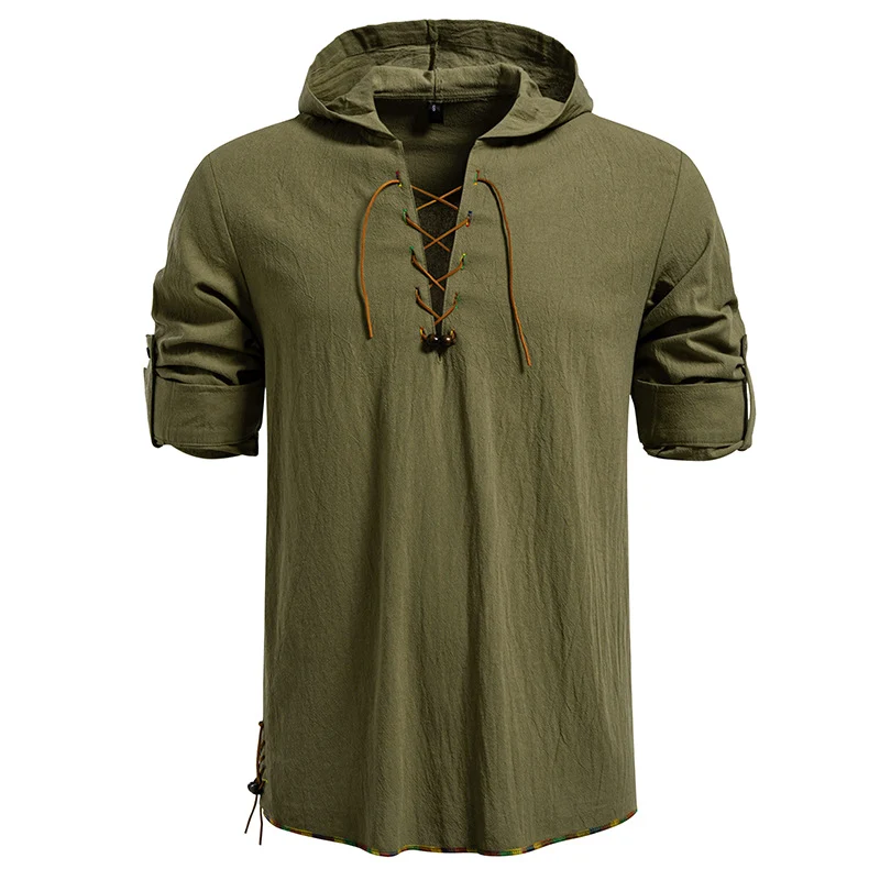 Herren Leichtes Kapuzen-Shirt mit dekorativer Schnürung, Kurzarm und Longline-Schnitt Nord Taschen