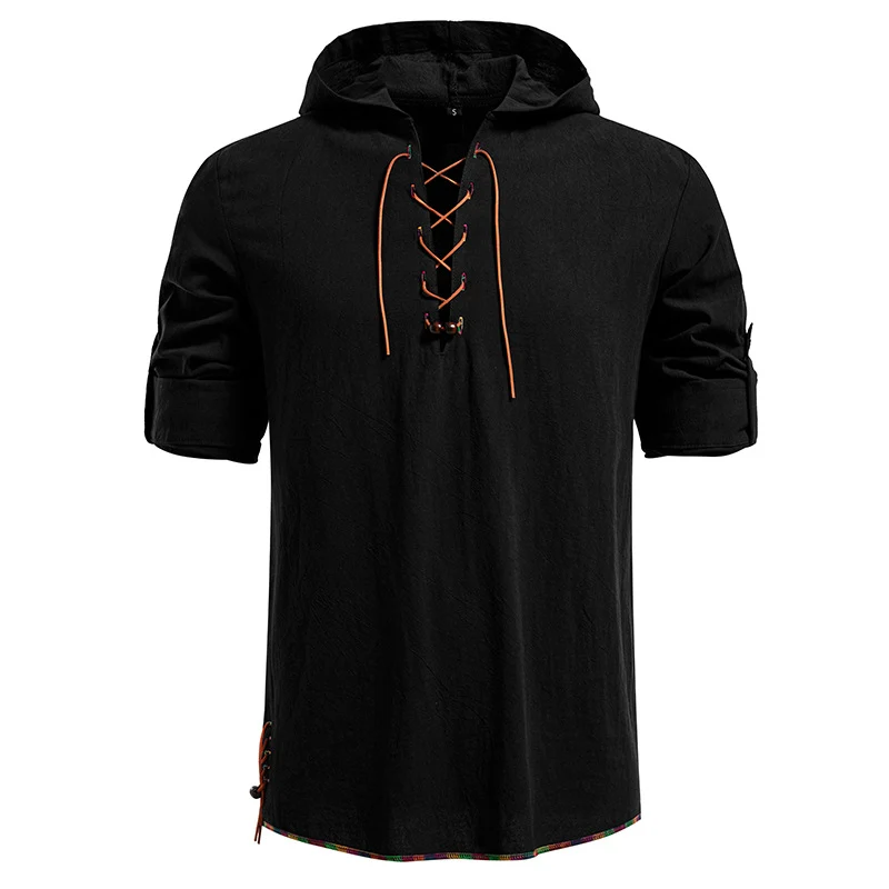 Herren Leichtes Kapuzen-Shirt mit dekorativer Schnürung, Kurzarm und Longline-Schnitt Nord Taschen
