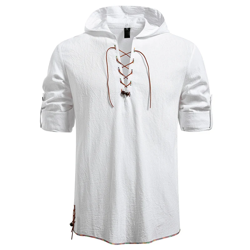 Herren Leichtes Kapuzen-Shirt mit dekorativer Schnürung, Kurzarm und Longline-Schnitt Nord Taschen