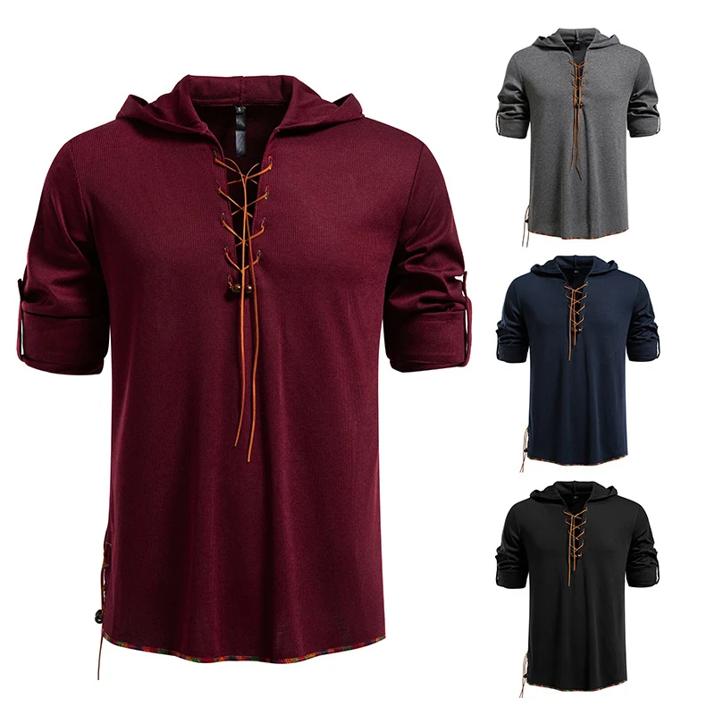 Herren Leichtes Kapuzen-Langarmshirt mit Schnürfront und aufrollbaren Dreiviertel-Ärmeln Nord Taschen
