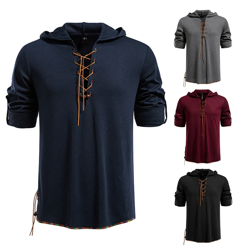 Herren Leichtes Kapuzen-Langarmshirt mit Schnürfront und aufrollbaren Dreiviertel-Ärmeln Nord Taschen