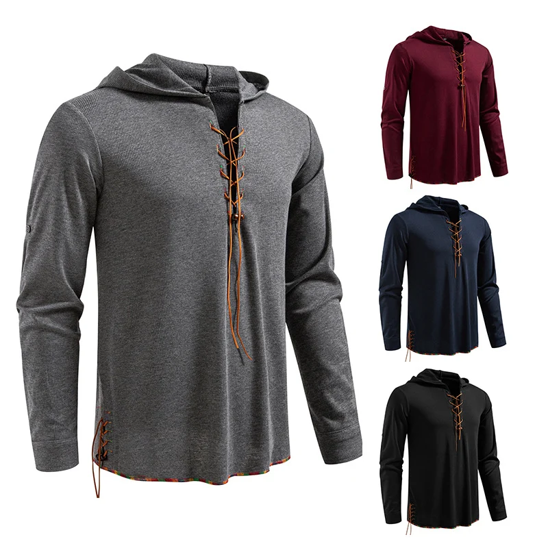 Herren Leichtes Kapuzen-Langarmshirt mit Schnürfront und aufrollbaren Dreiviertel-Ärmeln Nord Taschen