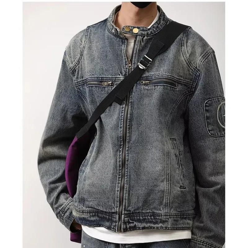 Herren Jeansjacke im Vintage‑Wash mit Stehkragen und Reißverschluss Nord Taschen