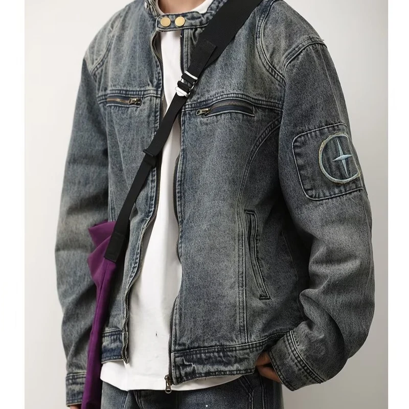 Herren Jeansjacke im Vintage‑Wash mit Stehkragen und Reißverschluss Nord Taschen