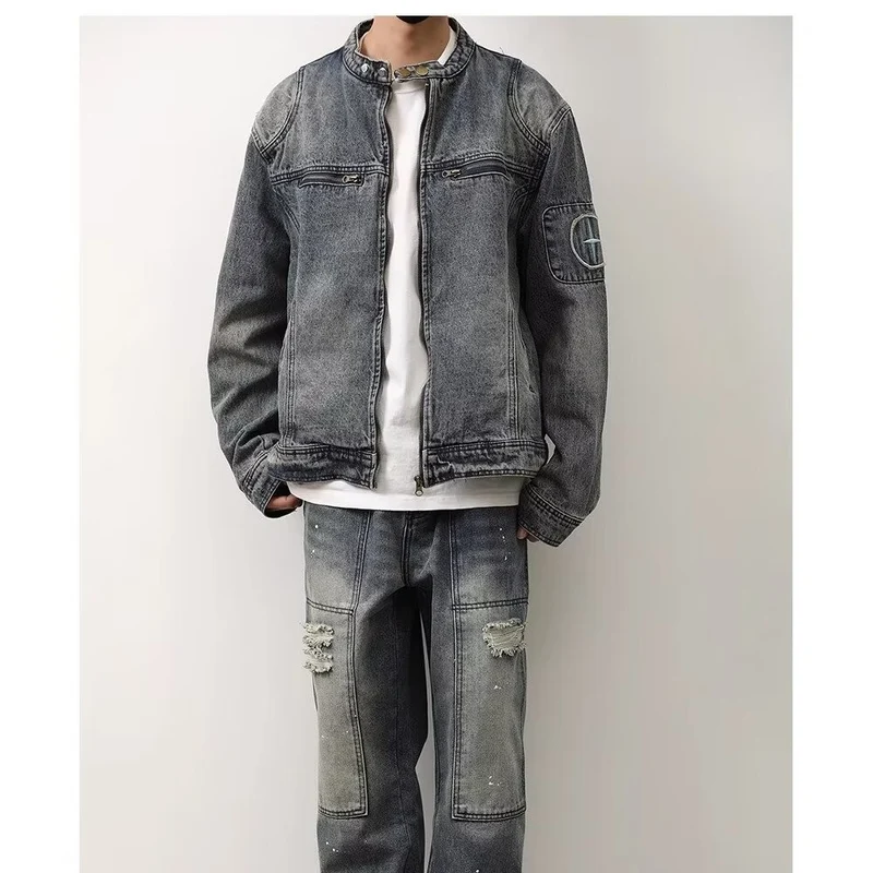 Herren Jeansjacke im Vintage‑Wash mit Stehkragen und Reißverschluss Nord Taschen