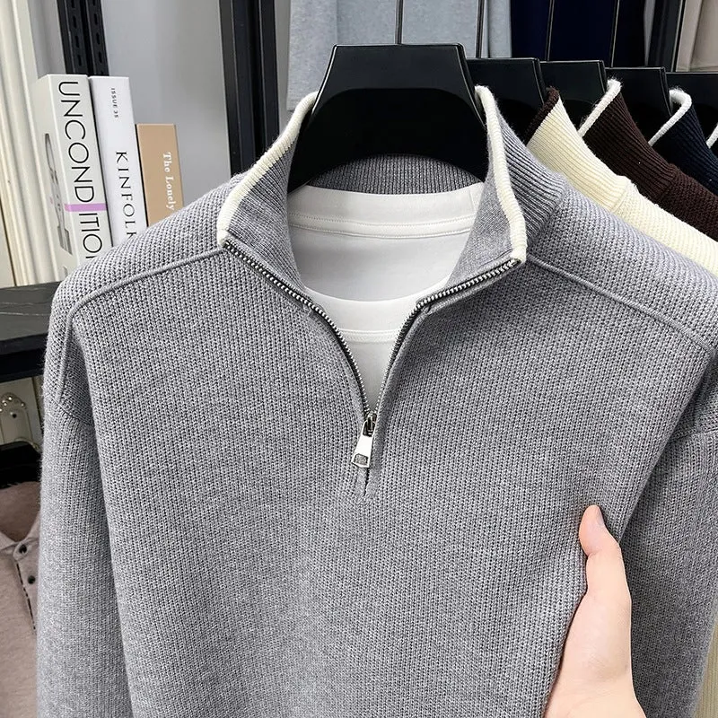 Herren Halbzip-Strickpullover mit Strukturstrick und kontrastiertem Stehkragen Nord Taschen