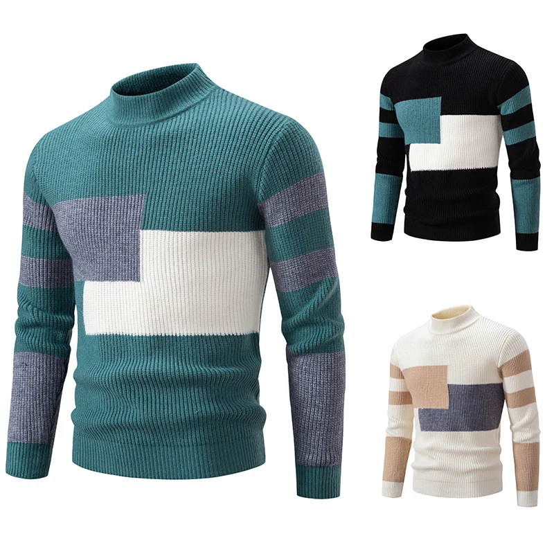 Herren Grobstrick-Pullover mit Stehkragen und kontrastierendem Blockstreifenmuster Nord Taschen