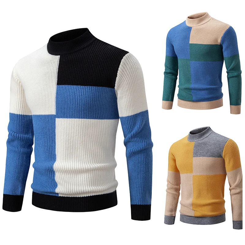Herren Grobstrick-Pullover mit Stehkragen und kontrastierendem Blockstreifenmuster Nord Taschen