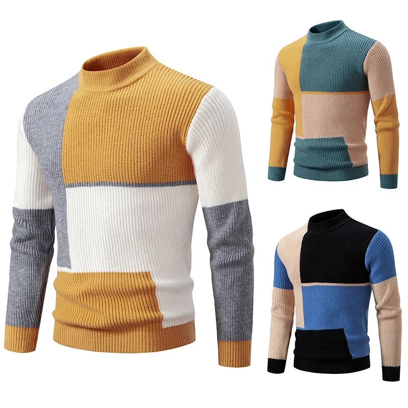Herren Grobstrick-Pullover mit Stehkragen und kontrastierendem Blockstreifenmuster Nord Taschen