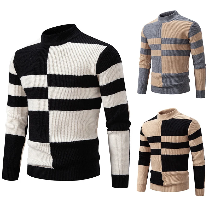 Herren Grobstrick-Pullover mit Stehkragen und kontrastierendem Blockstreifenmuster Nord Taschen
