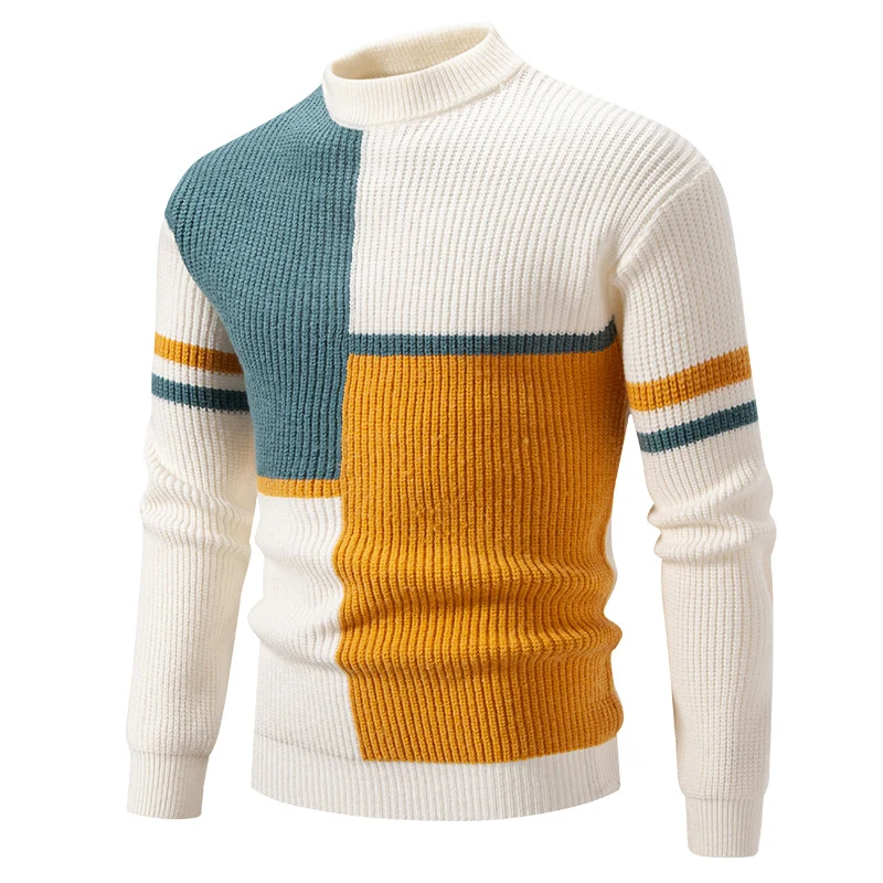 Herren Grobstrick-Pullover mit Stehkragen und kontrastierendem Blockstreifenmuster Nord Taschen