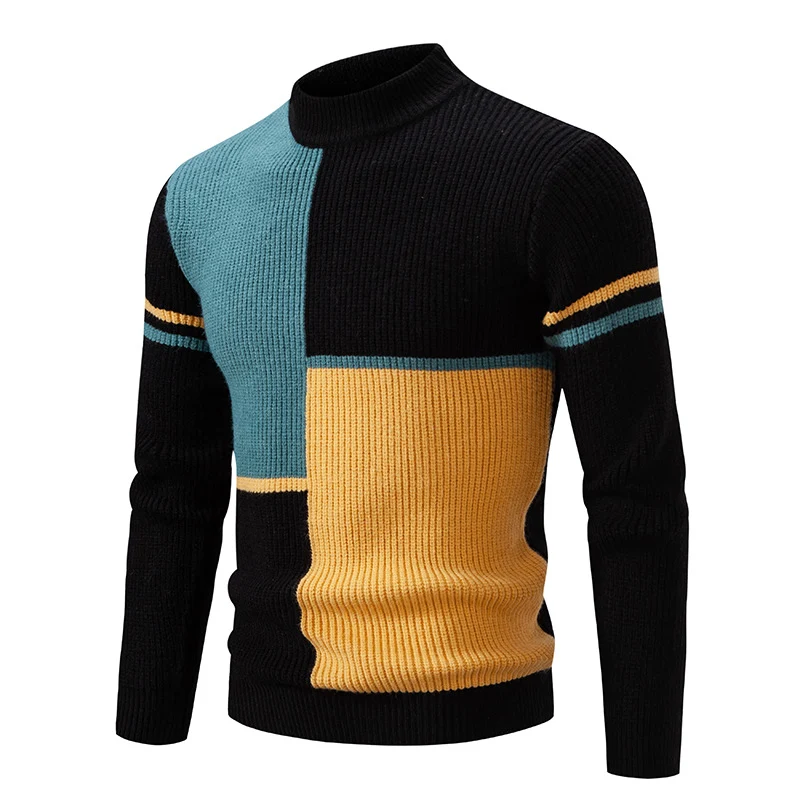 Herren Grobstrick-Pullover mit Stehkragen und kontrastierendem Blockstreifenmuster Nord Taschen