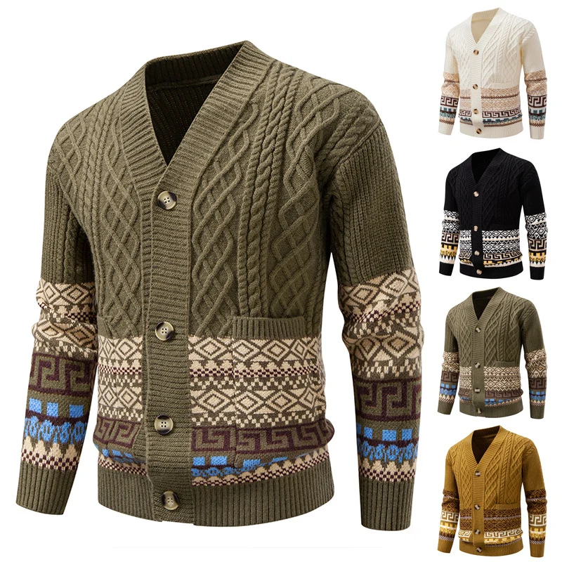 Herren Grobstrick-Cardigan mit Zopfmuster, Jacquard-Bändern und markanter Knopfleiste Nord Taschen