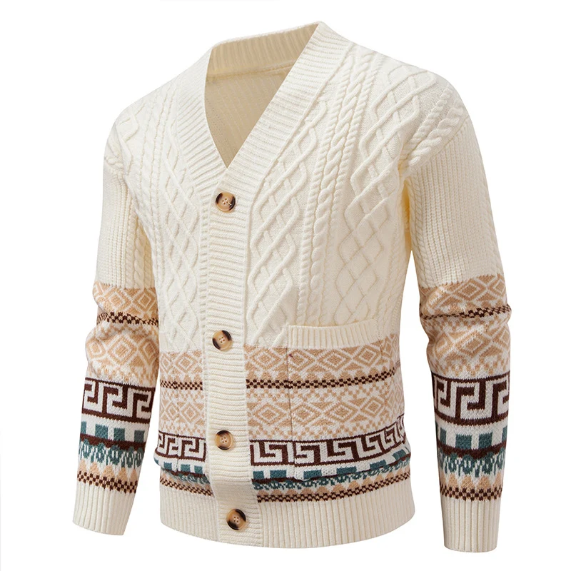 Herren Grobstrick-Cardigan mit Zopfmuster, Jacquard-Bändern und markanter Knopfleiste Nord Taschen