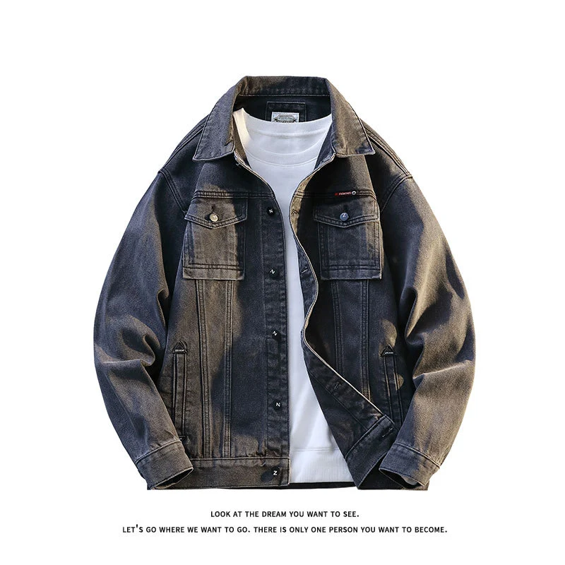 Herren Grobgewaschene Oversize-Jeansjacke mit Brustklapptaschen und durchgehender Knopfleiste Nord Taschen