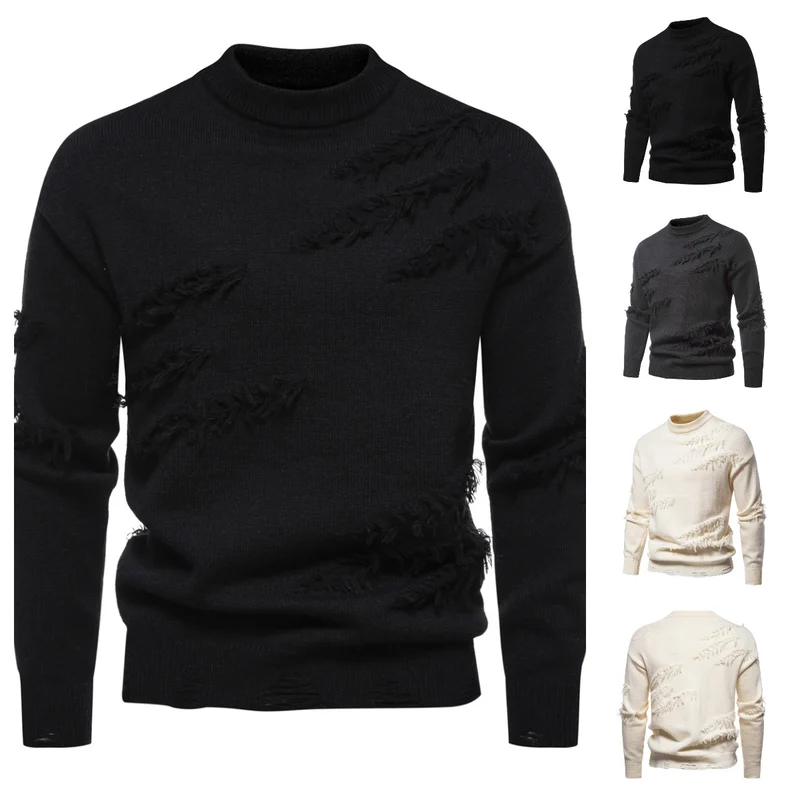Herren Grobgestrickter Pullover mit Mockneck und ausgefransten Riss-Details Nord Taschen