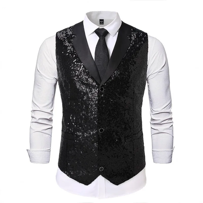 Herren Glänzende Pailletten‑Weste mit Satin‑Revers und taillierter Silhouette Nord Taschen