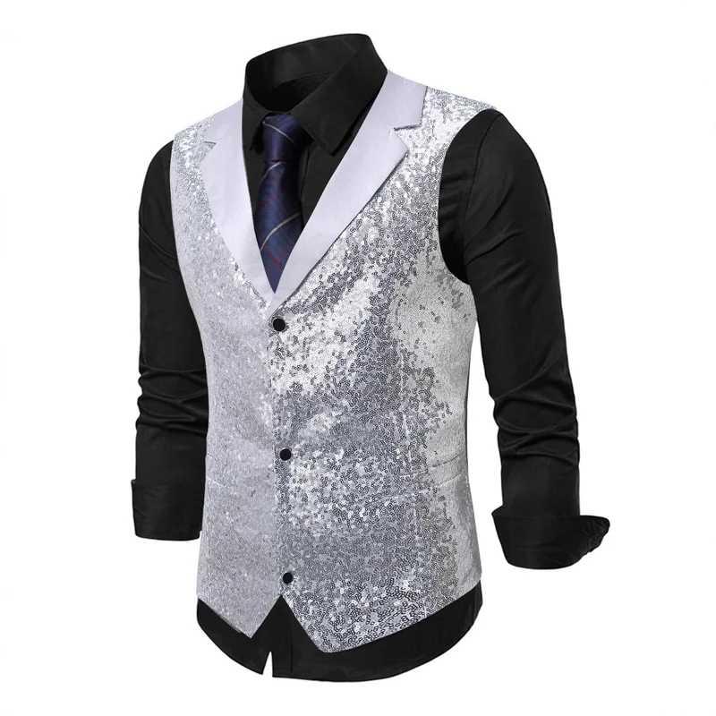 Herren Glänzende Pailletten‑Weste mit Satin‑Revers und taillierter Silhouette Nord Taschen