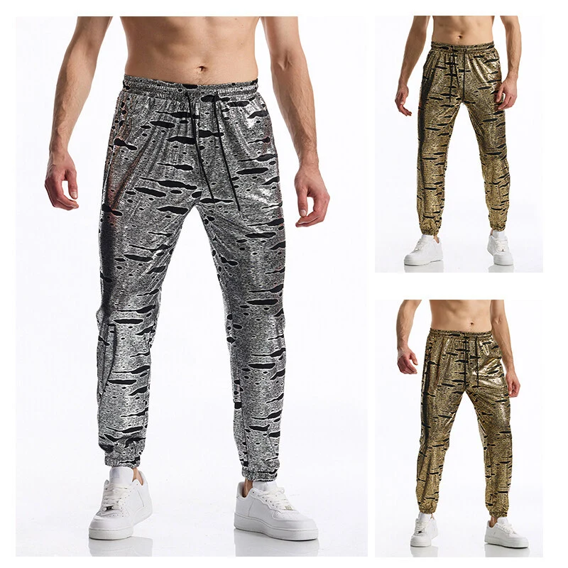 Herren Glänzende Jogginghose mit Tunnelzug, schmal zulaufendem Bein und abstraktem Print Nord Taschen