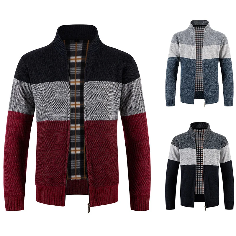 Herren Gestrickte Zip-Strickjacke mit Stehkragen und kariert gefütterter Innenlage Nord Taschen