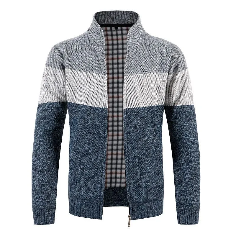 Herren Gestrickte Zip-Strickjacke mit Stehkragen und kariert gefütterter Innenlage Nord Taschen