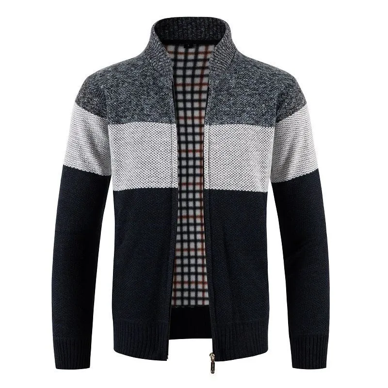 Herren Gestrickte Zip-Strickjacke mit Stehkragen und kariert gefütterter Innenlage Nord Taschen