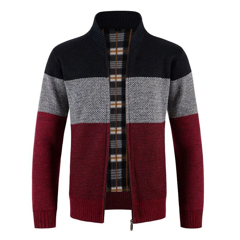 Herren Gestrickte Zip-Strickjacke mit Stehkragen und kariert gefütterter Innenlage Nord Taschen