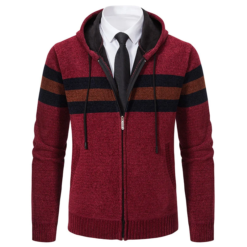 Herren Gestrickte Kapuzen-Strickjacke mit Kontraststreifen und Reißverschluss Nord Taschen